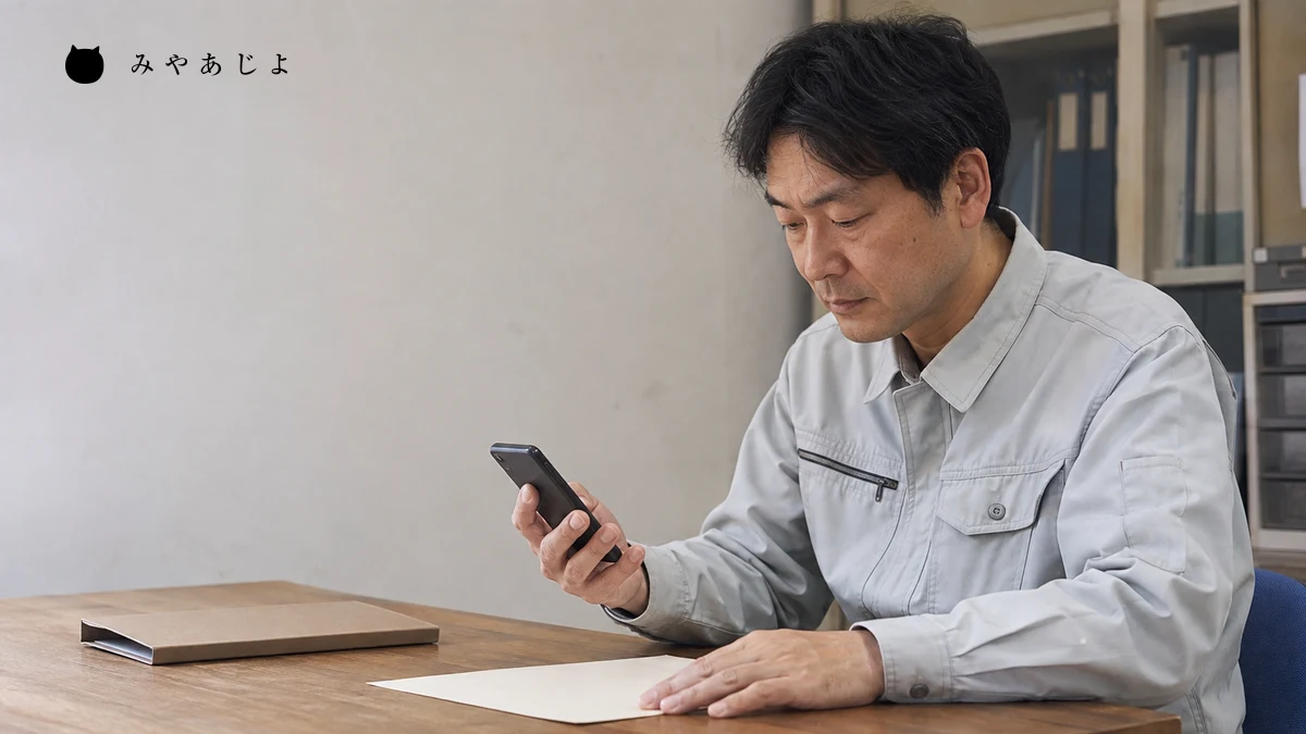 架空の小規模事業者の担当者が机上の資料とスマートフォンを使って掲載内容を確認する編集イメージ