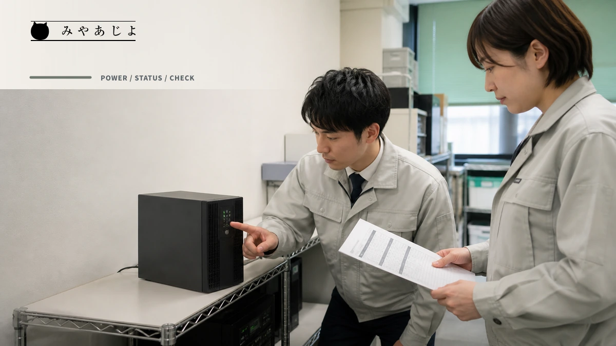 担当者が非常用電源とBCP連絡台帳を確認するイメージ