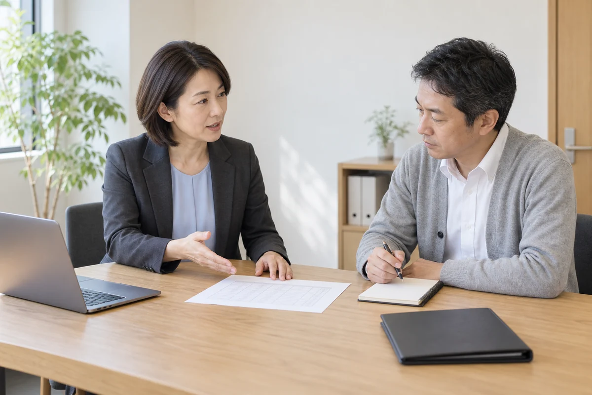 社労士と企業の人事担当者が、勤務の資料を見ながら業務の進め方を話すイメージ