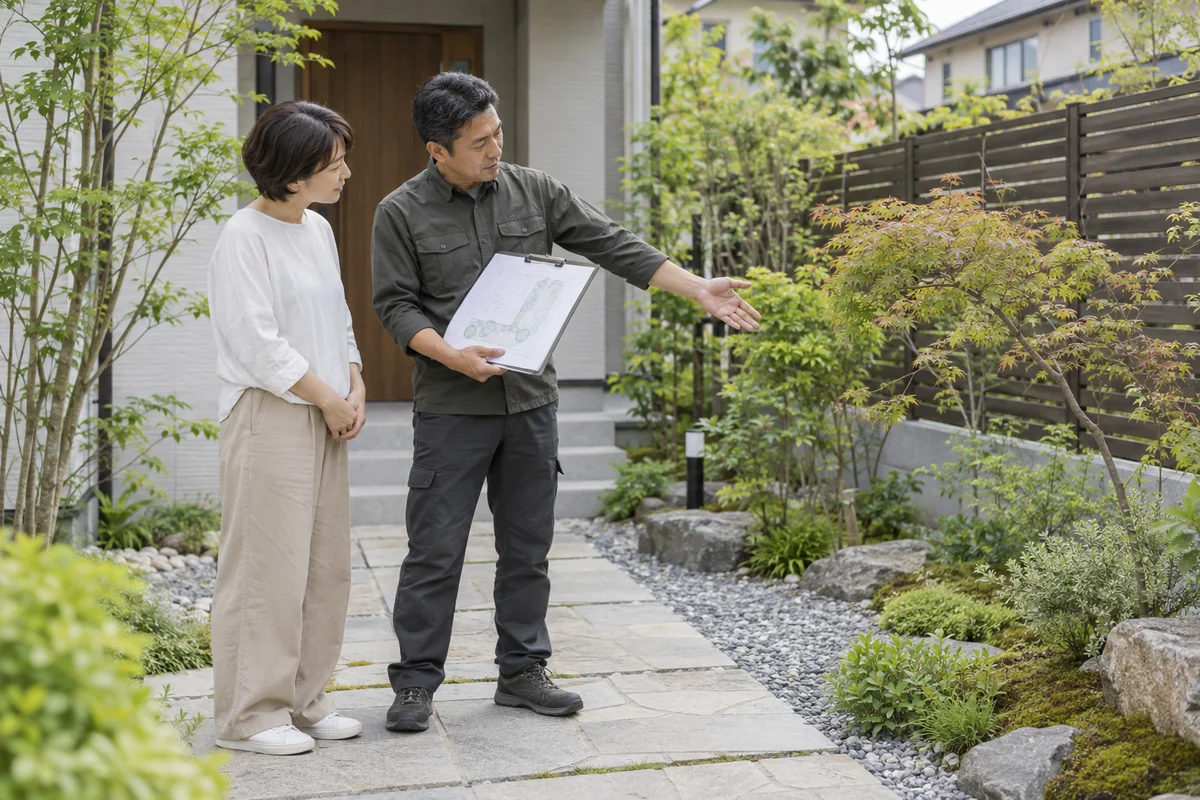 住宅の庭で配置図を見ながら住まい手と相談する外構・造園担当者のイメージ