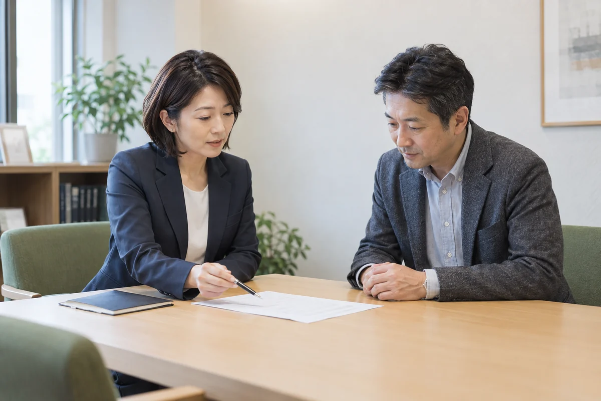 法律事務所の相談室で、弁護士と相談者が資料を確認するイメージ
