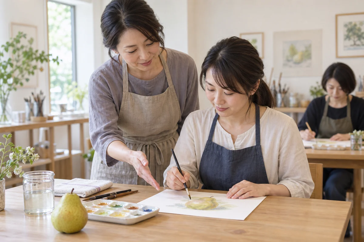 絵画教室の講師が受講者の制作中の手元を見て、描き方を助言するイメージ