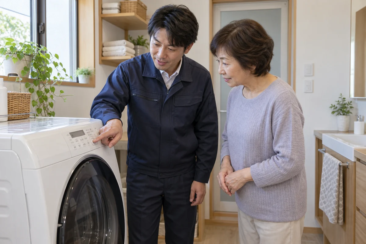 地域の電器店の担当者が家庭で家電の使い方を説明するイメージ