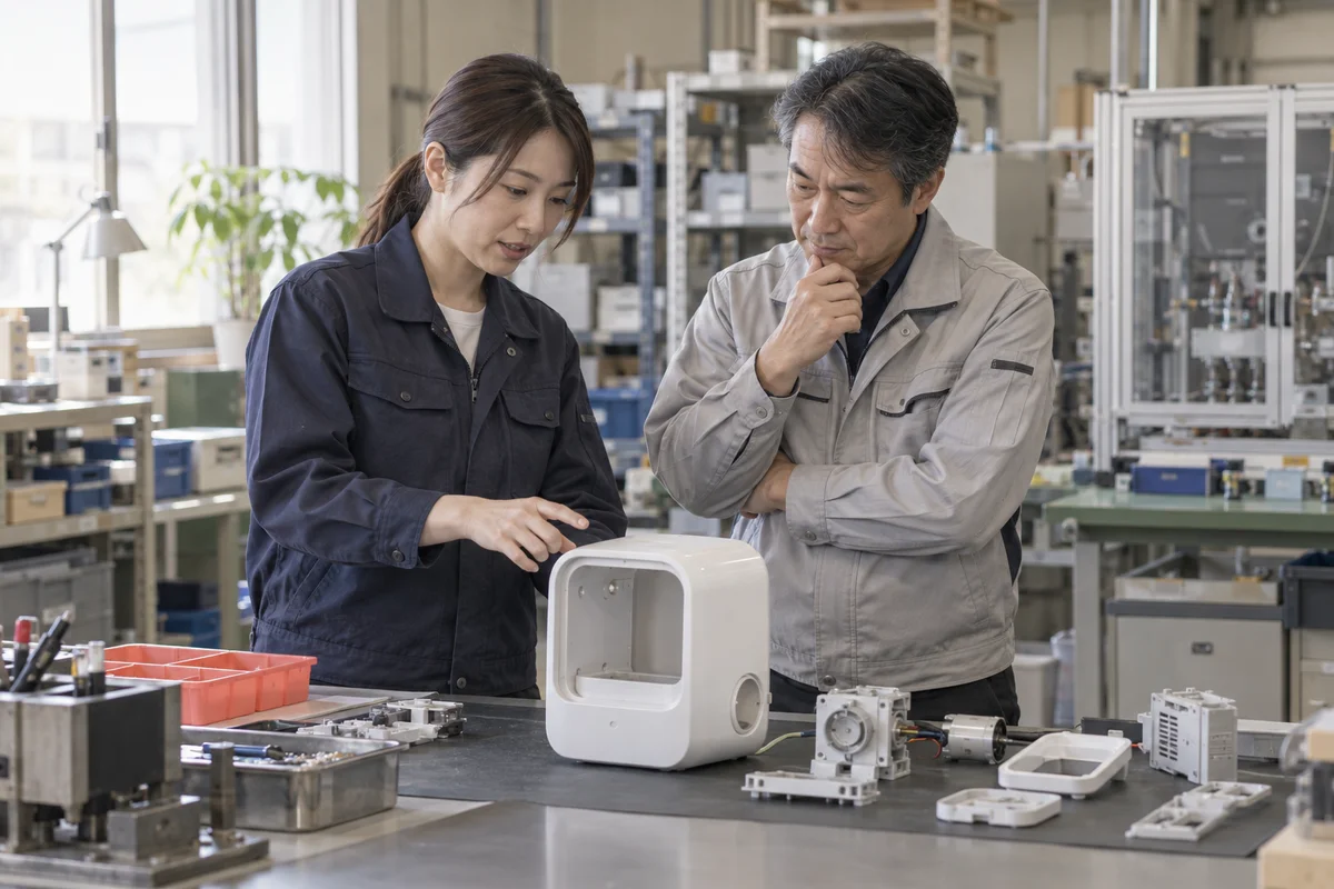 組立作業台で試作品について話す製造業スタッフのイメージ