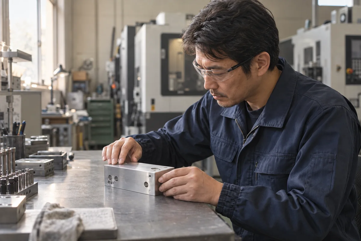 作業台で加工品の表面を確認する作業者のイメージ