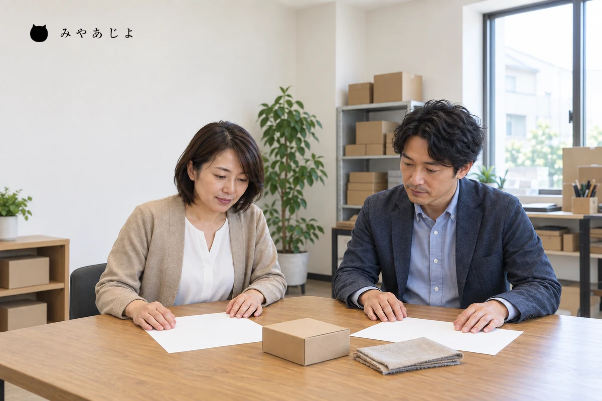 架空の卸売会社の担当者二人が無地の資料と商品サンプルを使い、配属先での仕事の説明を確認する編集用イメージ