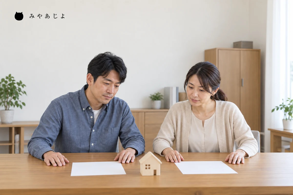 架空の住まい相談会社の担当者が二つの物件の資料を分けて掲載内容を確認する編集用イメージ