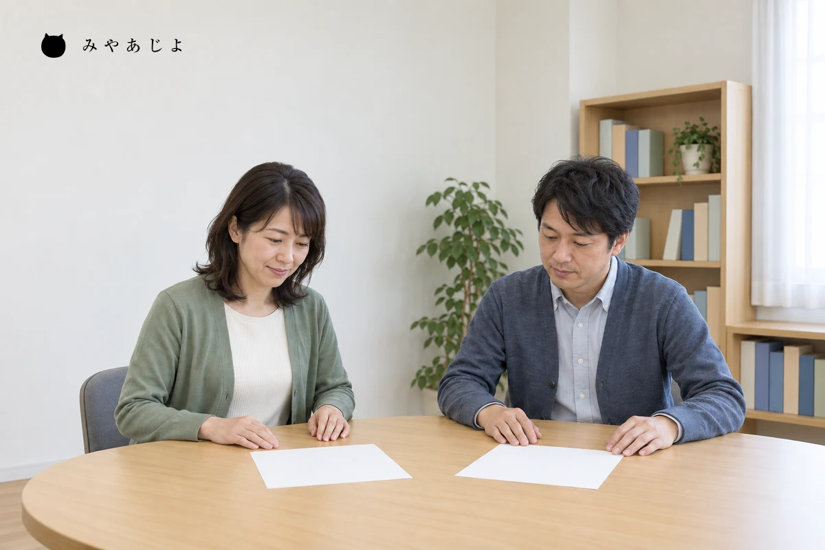 架空の福祉事業所の担当者二人が白紙の資料を使って来所案内の構成を相談する編集用イメージ