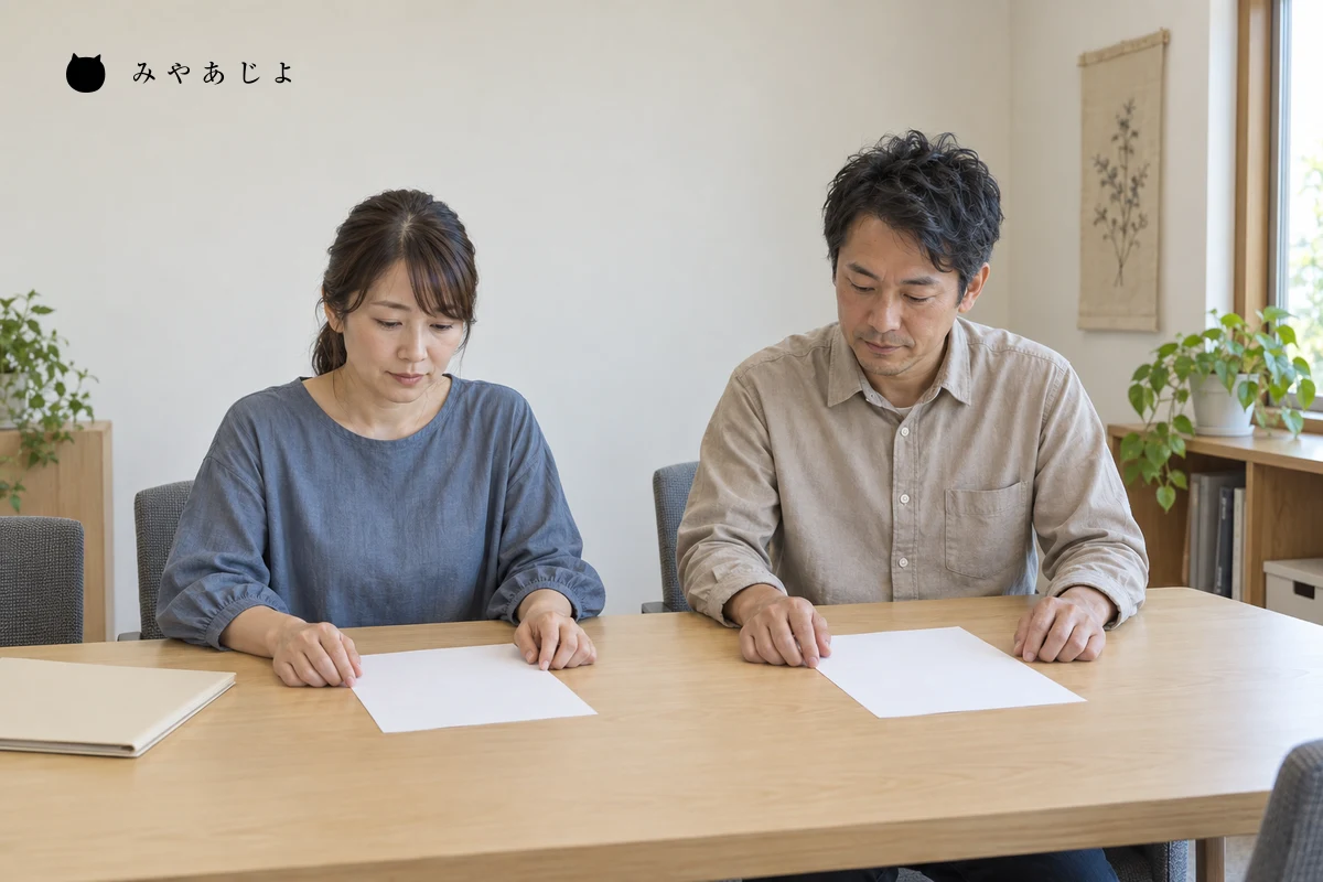架空のイベント運営担当者が当日案内と受付資料を会場準備用の机で照合する編集イメージ