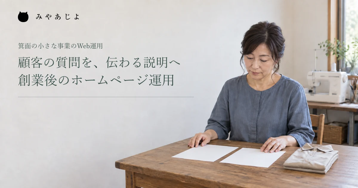 顧客の質問を、伝わる説明へ創業後のホームページ運用。架空の衣類お直し店が説明を確認する場面