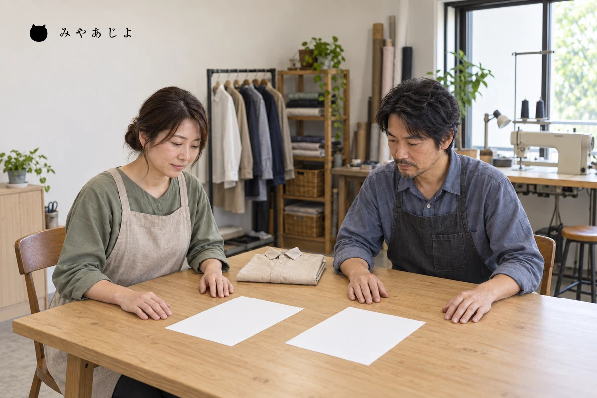 架空の衣類お直し店の担当者が相談記録とサービス説明の資料を照合する編集イメージ