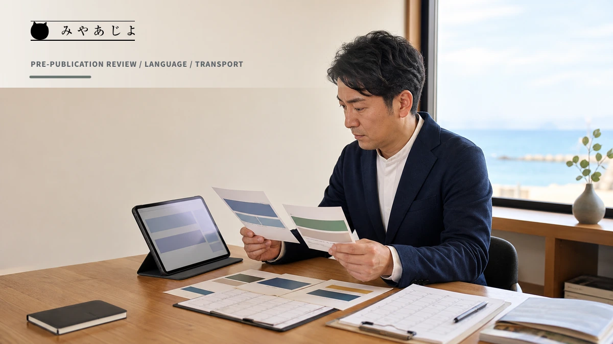 観光担当者が多言語案内と当日の交通情報を照合するイメージ