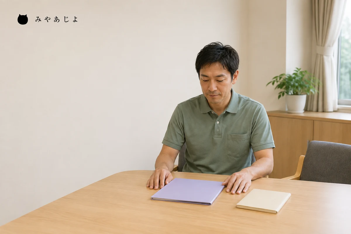 架空の医療福祉事業所の面談室で、教育担当者が閉じた資料を前に入職支援の説明を準備する編集イメージ