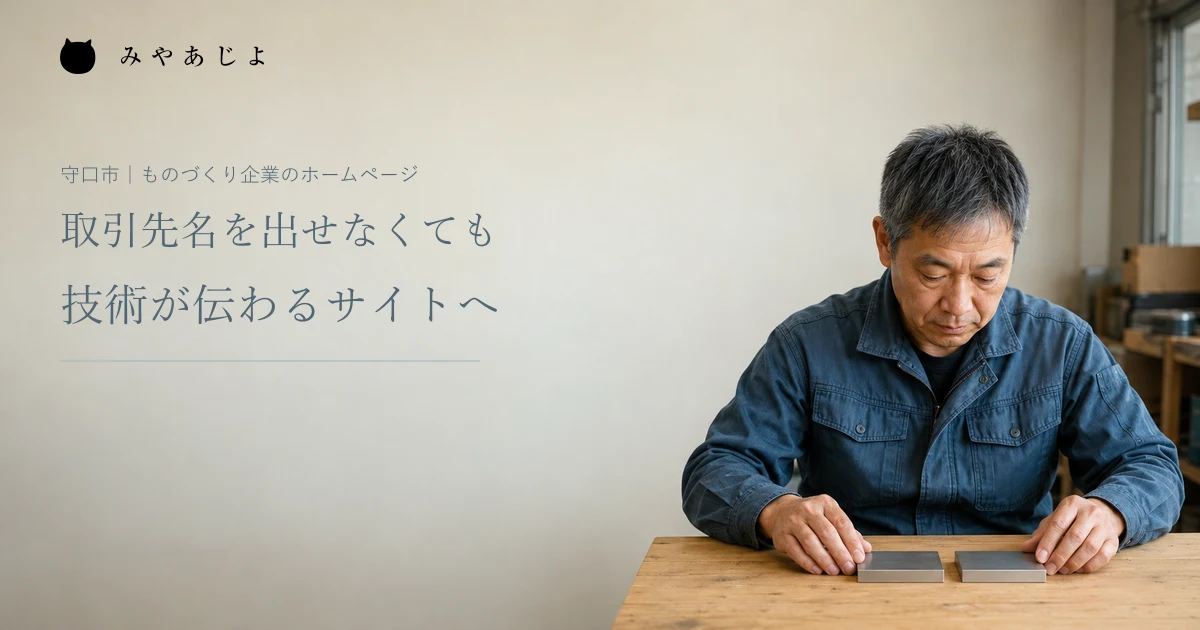 取引先名を出せなくても技術が伝わるサイトへ。架空の製造業担当者が無地の説明用見本を整える編集イメージ