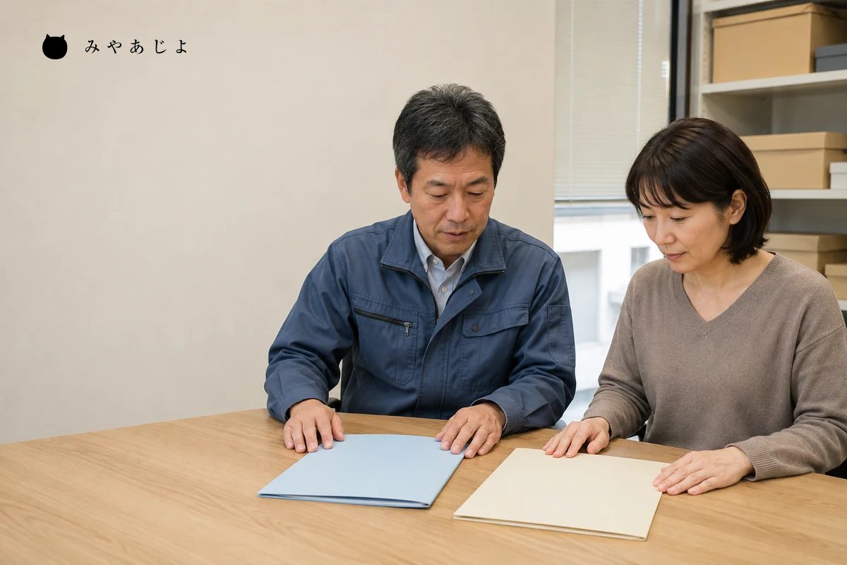 架空の製造業の技術担当者と営業担当者が、公開用に用意した資料を机上で確認する編集イメージ