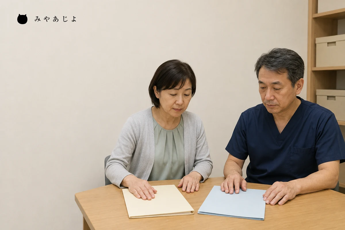 架空の医療機関の事務スペースで受付担当と医療職が外来案内の資料を確認する編集イメージ
