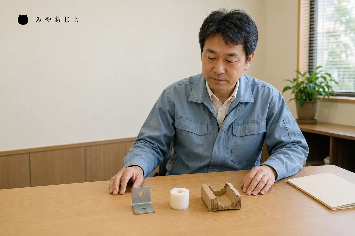 架空の加工会社の説明室で、担当者が金属部品、樹脂スペーサ、紙の緩衝材の見本を前に対応範囲を確認する編集イメージ