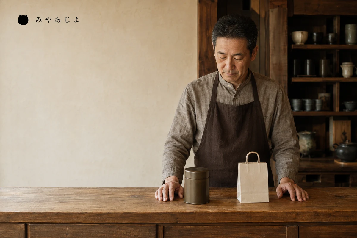架空の老舗店舗の木製カウンターで、店主が無地の商品缶と袋を前に案内内容を確認する準備をする編集イメージ