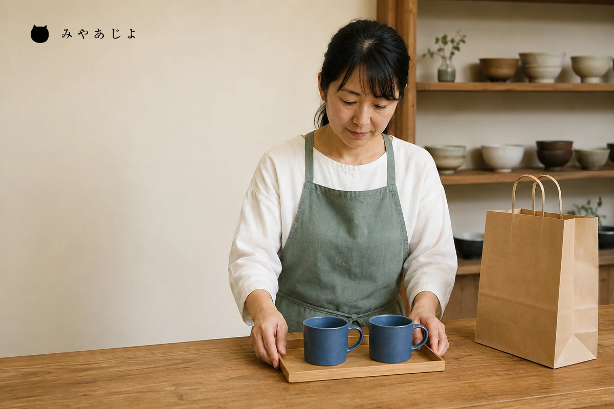 架空の生活雑貨店の店員が、確保した青いマグカップ二点と無地の袋を受取カウンターで確認する編集イメージ