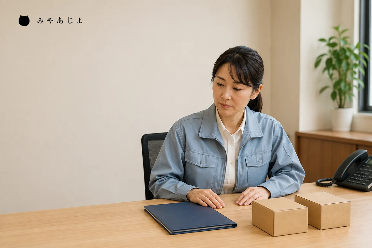 架空の製造業の説明室で、担当者が無地の出荷用箱と資料を前に供給状況の連絡内容を確認する編集イメージ
