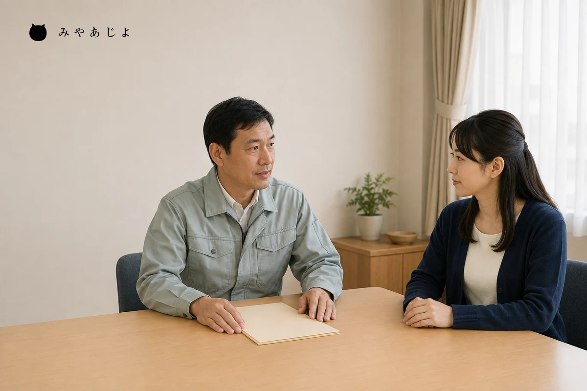 架空の製造業の見学説明室で、案内担当者と成人の来訪者が質問の時間を取っている編集イメージ