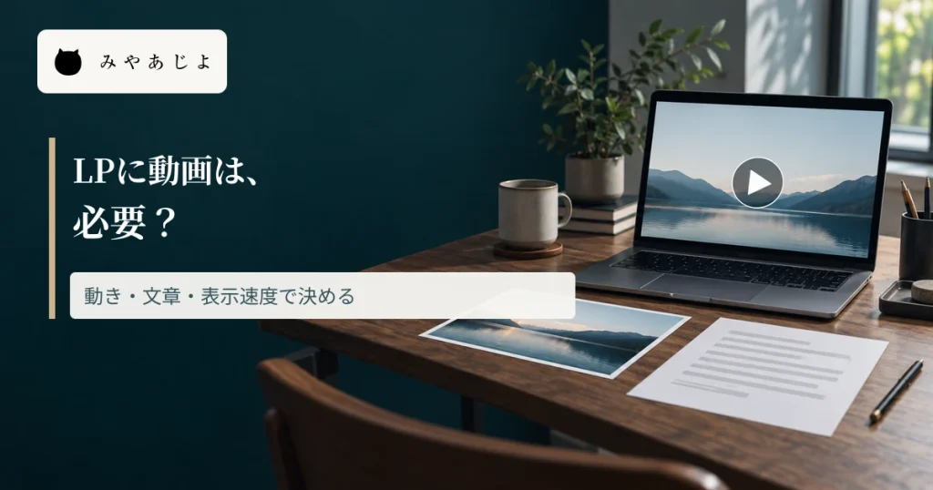 動画と静止画・文章の資料を並べ、LPでの動画選択を考える見出しを重ねた画像