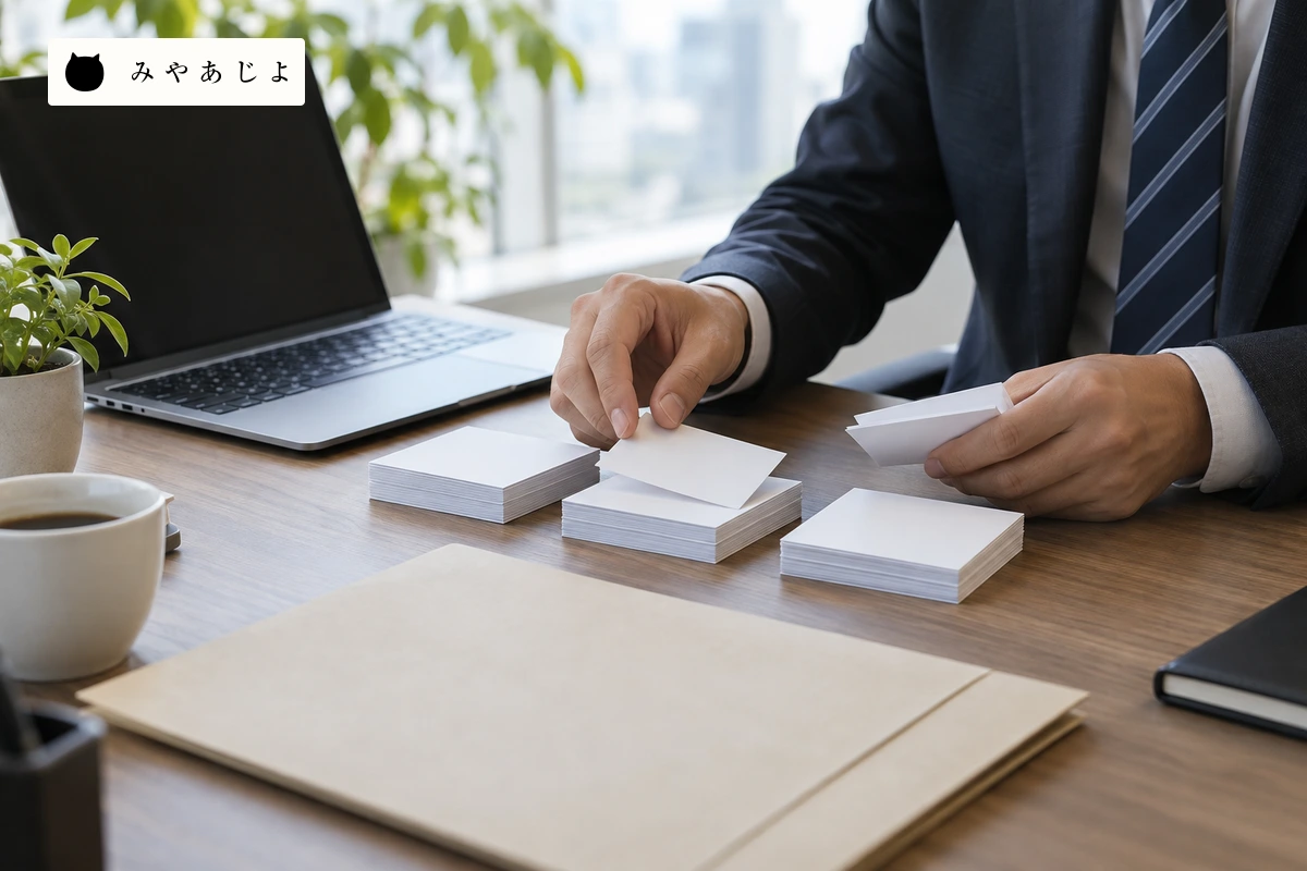 BtoB企業の成人担当者が白紙の概要資料と無記名の確認カードを机上に分ける場面