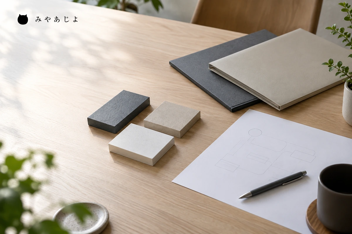 商品見本と取引手順の公開用資料を並べた法人営業の編集場面