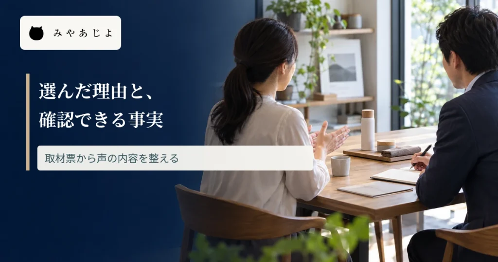 顧客の話を聞く取材の机に、選定理由と確認できる事実を聞く見出しを重ねた画像