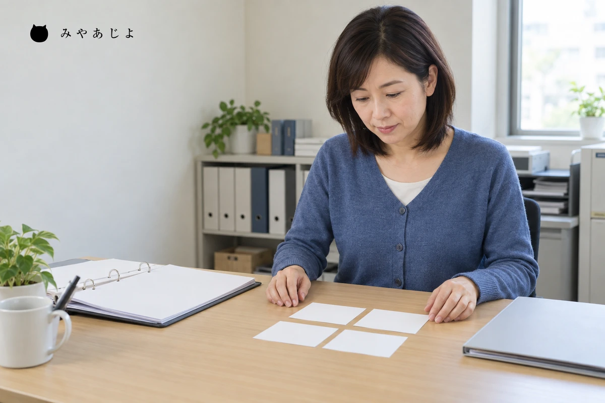 担当者が4枚のカードと資料で仕事の説明を整理する編集イメージ