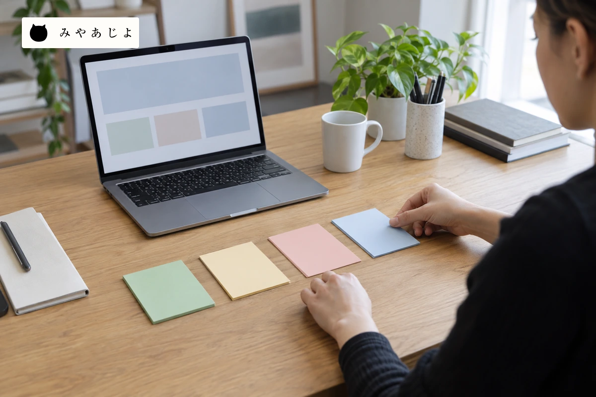 会社の成人担当者が無記名の四枚の条件カードと抽象的なページ画面を机上で照合する場面