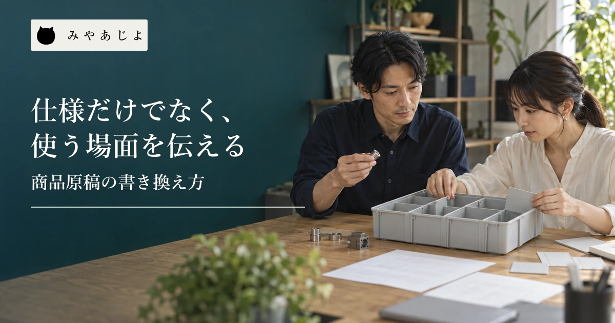 無記名の製品資料と部品仕分けトレーの模型を机上で確認する担当者
