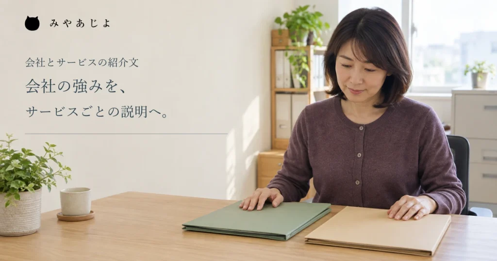 会社の強みをサービスごとの説明へ分ける見出しと、企業で二色のファイルを確認する女性