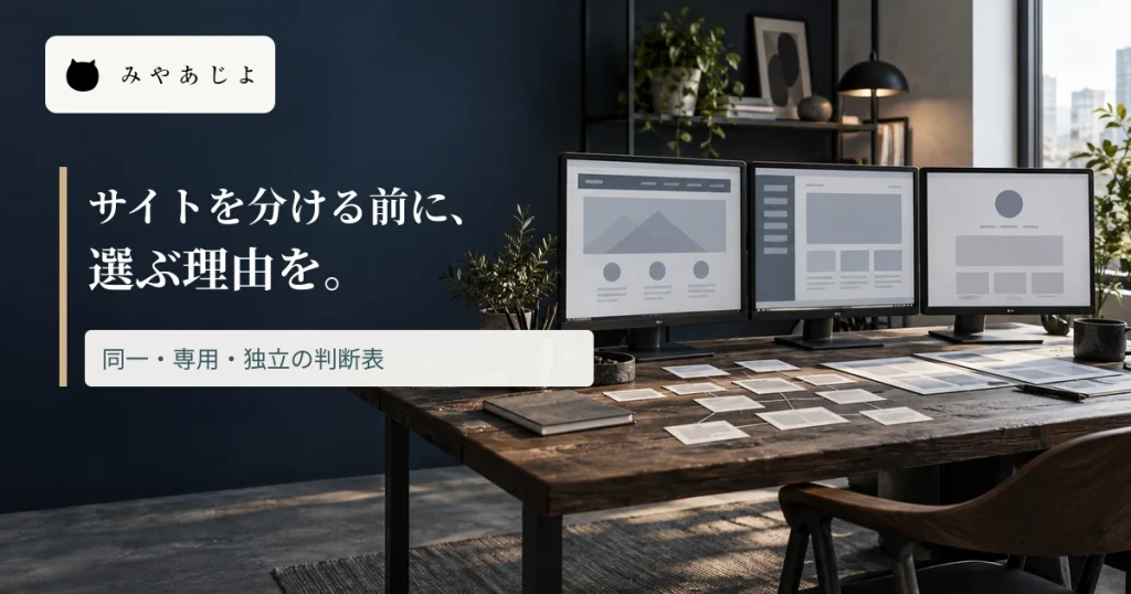 三つのWeb構成を表示した制作デスクにサービスサイトの判断見出しを重ねた画像