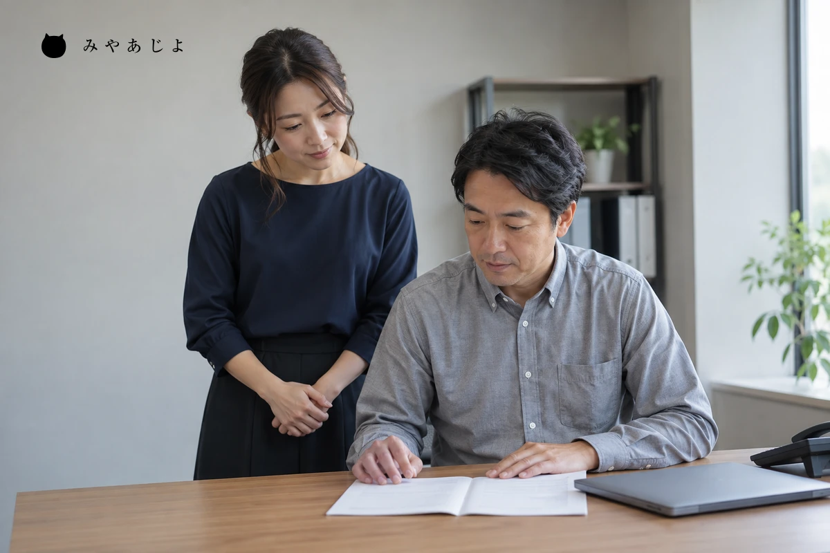 二人の事業担当者が、サービスの受付後に確認する内容を資料で照合する編集イメージ