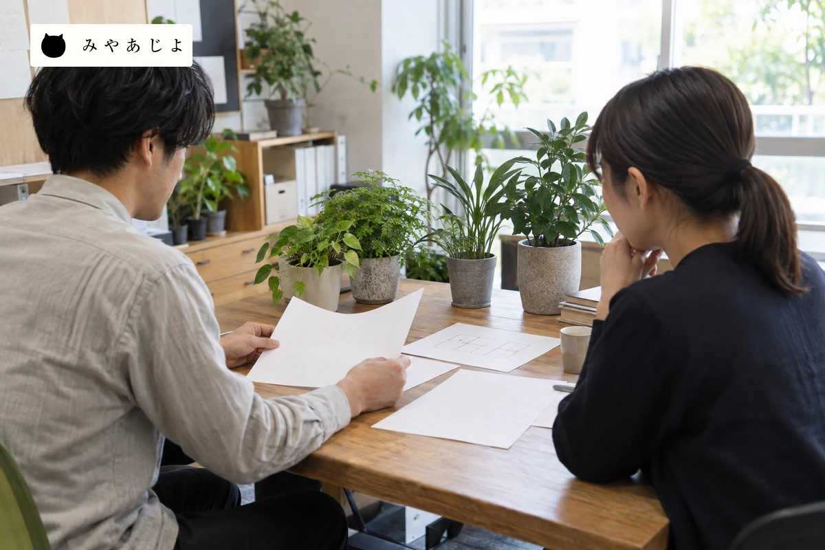 事業担当者二人が植物の入替案と空欄の資料を机上で見比べる場面