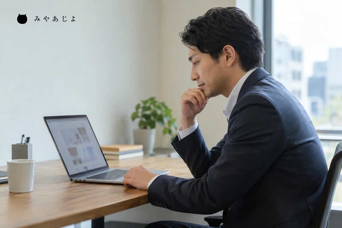 ノートパソコンで試作ページを読む会社員。実際の利用者調査結果を示す写真ではない
