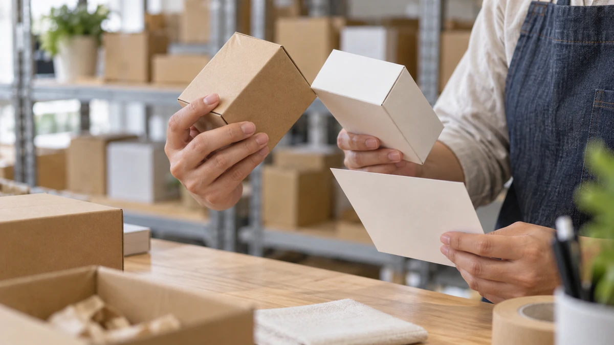 EC出荷室でスタッフが無地の商品箱と記録を比較する写真
