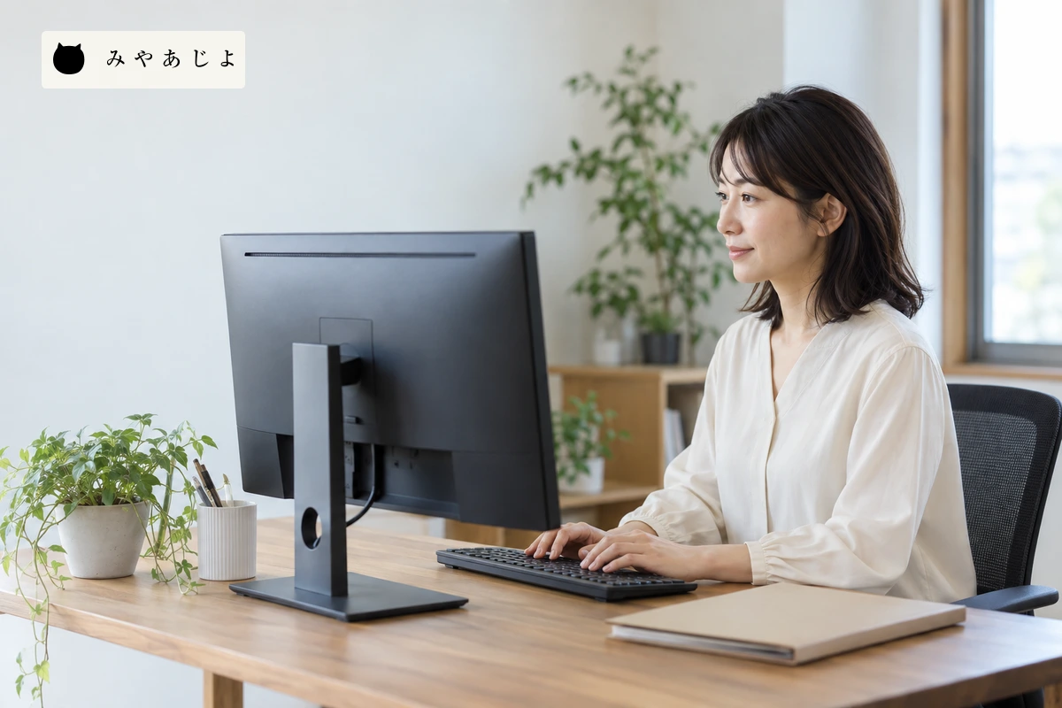 画面を確認するWeb担当者。実際の記事台帳や解析画面ではない
