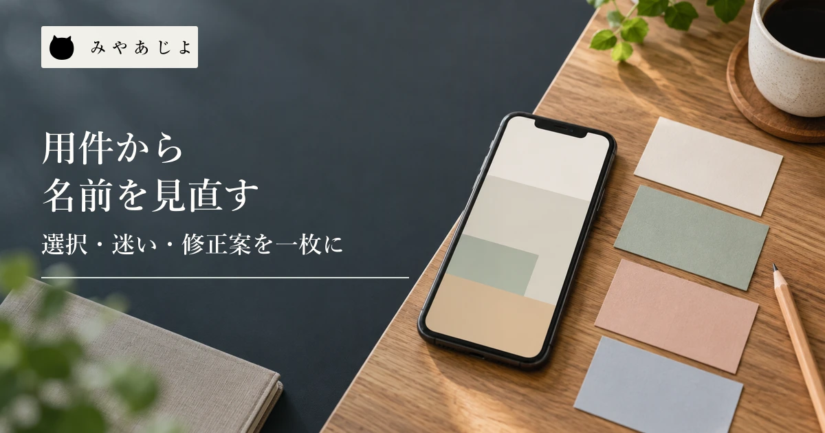 文字のないスマートフォン模型と色分けした紙カードを置いた机