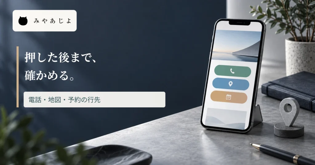 スマートフォンの電話・地図・予約ボタンに押した後まで確かめる見出しを重ねた画像
