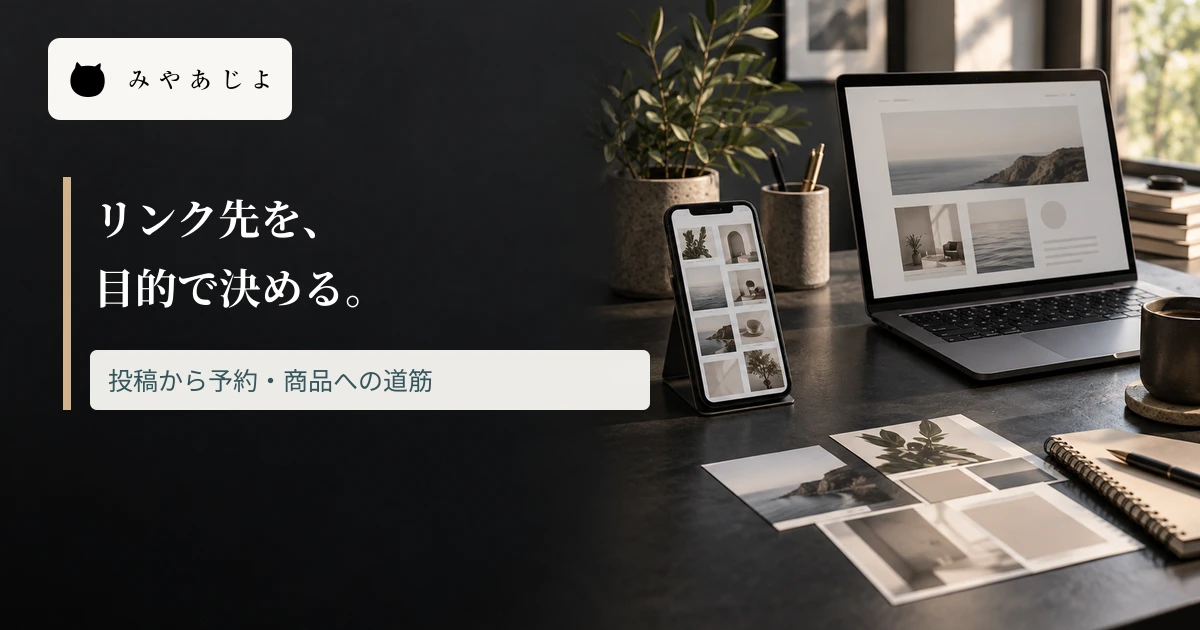 スマートフォンとサイト画面の机にプロフィールのリンク先を考える見出しを重ねた画像