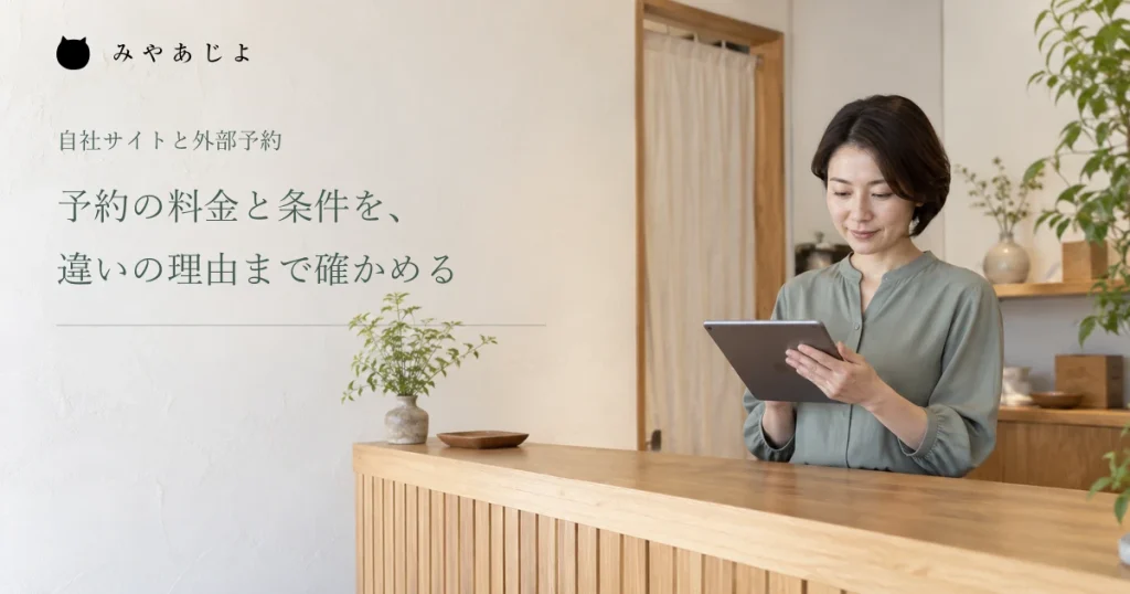受付で端末を使い予約情報を確認する担当者の架空イメージ