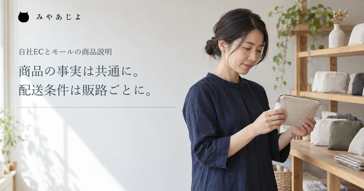 商品の事実と配送条件を分ける見出しと、ポーチを確認する商品担当者
