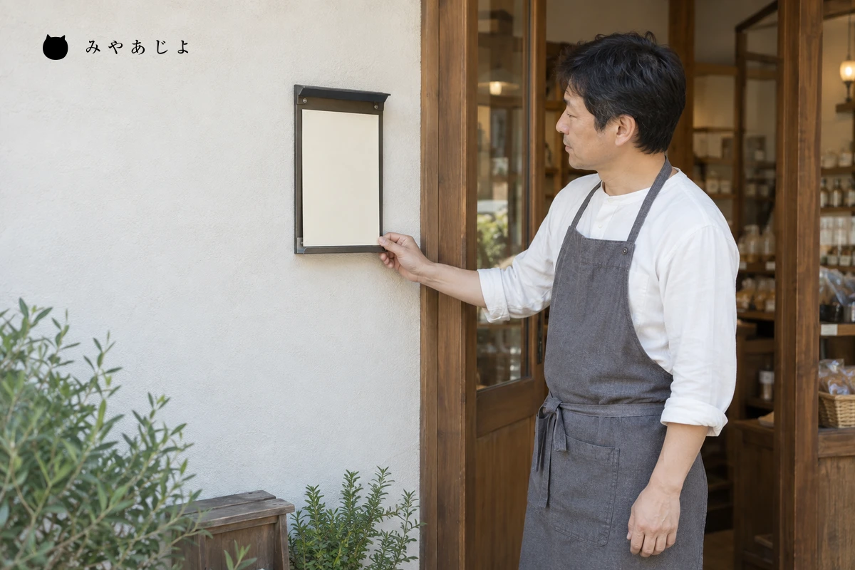 店舗の入口で案内の掲示場所を確認する担当者の架空イメージ
