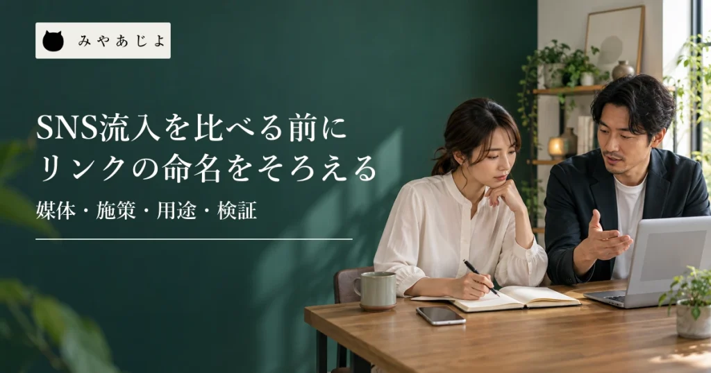 無記名のSNS投稿画面と自社サイトのリンク一覧を前に担当者が相談する場面
