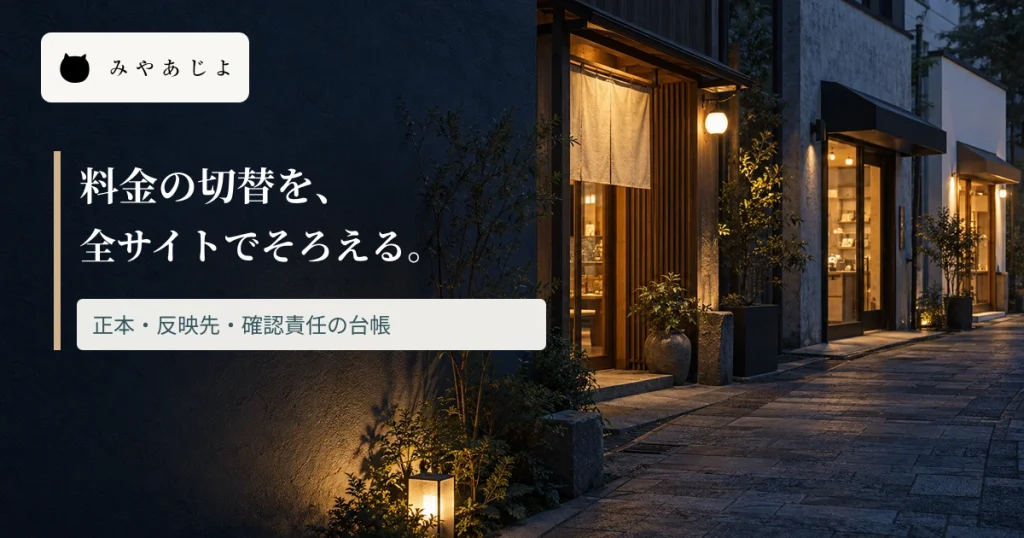 複数店舗の写真に、料金の切替を全サイトでそろえる見出しを重ねた画像
