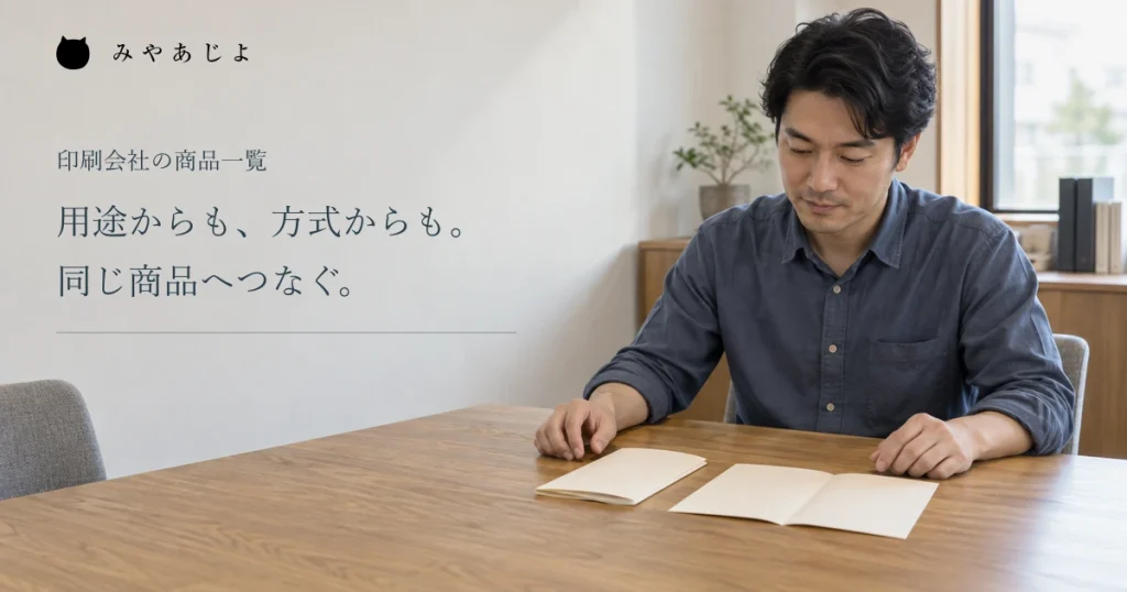 用途と方式から同じ商品へつなぐ見出しと、架空印刷会社で無地の紙見本を確認する男性