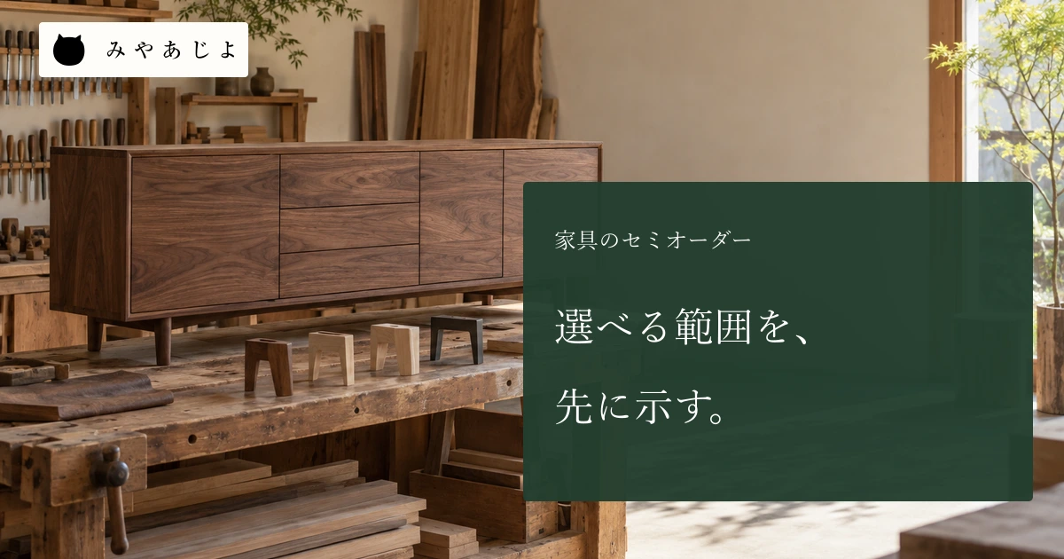 選べる範囲を先に示すという見出しと木工所の収納家具