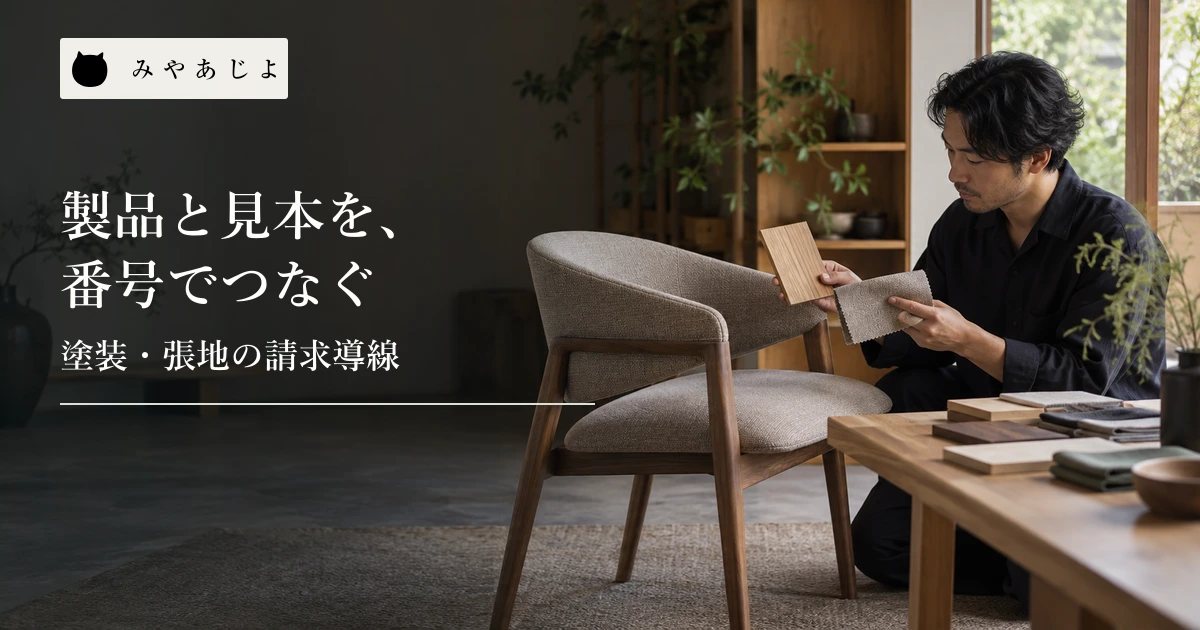 家具の担当者が椅子を見ながら木部の見本と張地を見比べる場面